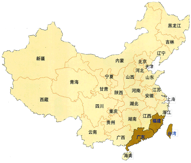 Mappa della Cina con le località di produzione del tè oolong